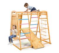 VEVOR 9 en 1 Parque Infantil de Madera para Interior, Carga 113 kg Juego de Escalada Montessori con Columpio, Barra de Mono, Tobogán, Escalera de Madera/Cuerda, Red de Escalada, Barra, Roca, Colorido