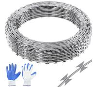 VEVOR Alambre de Espino 45m 3 Rollos Alambre de Espino Galvanizado en Caliente Malla de Alambre Anti-Intrusión Doble Espiral Cuchillas de Púas Afiladas con Guantes Protectores para Hogar Jardín Balcón