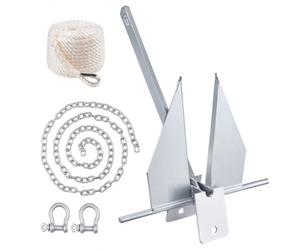 VEVOR Ancla Plana 4 kg Kit de Anclaje de Acero Galvanizado en Caliente con Cadena de 2,4 m Cuerda de 22,86 m y 2 Grilletes Ancla para Embarcaciones Pequeñas de Menos de 5,9m, Mares, Ríos, Costas