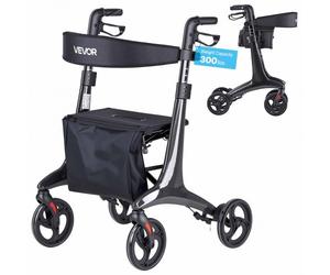 VEVOR Andador para Ancianos Plegable con Asiento de Fibra de Carbono Soporta 136 kg, Ruedas de PVC 20 cm, Reposabrazos Ajustable, Estructura Ligera para Compras Personas Mayores Paseos y Exterior