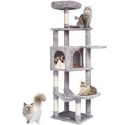 VEVOR Árbol para Gatos 154cm Torre de Escalada para Gatos con Poste Rascador de Sisal Caseta Hamaca Percha Superior Plataformas de Salto Bola Colgante para Actividad de Gatos en Interior, Gris Claro