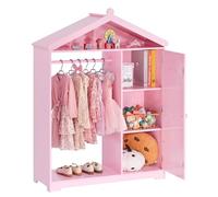 VEVOR Armario de Disfraces para Niños con Espejo, Perchero Infantil con Estantes, Mueble de Madera Estilo Cuento de Hadas para Dormitorio, Juegos, Organizador de Ropa con Barra y Compartimentos, Rosa