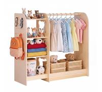 VEVOR Armario de Disfraces para Niños con Espejo, Perchero Infantil con Estantes, Mueble Montessori de Madera Natural, Organizador de Ropa con Barra y Compartimentos para Dormitorio y Cuarto de Juegos