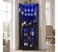 VEVOR Armario de Vino Esquinero 50 x 50 x 170 cm, Mueble Bar de Esquina con Espacio de Almacenamiento, Soporte para Copas, Brillo LED Ajustable, Correa Antivuelco, para Cocina, Sala de Estar, Negro