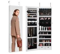 VEVOR Armario para Joyas de 1,2 m de Alto con Cerradura y Espejo de Cuerpo Entero, Armario de Joyas con Espejo para Montaje en Pared o Puerta con Luces LED Interiores y Forro de Terciopelo, Blanco