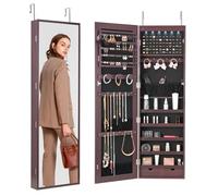 VEVOR Armario para Joyas de 1,2 m de Alto con Cerradura y Espejo de Cuerpo Entero, Armario de Joyas con Espejo para Montaje en Pared o Puerta con Luces LED Interiores y Forro de Terciopelo, Marrón