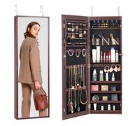 VEVOR Armario para Joyas de 108 cm de Alto con Cerradura y Espejo de Cuerpo Entero, Armario de Joyas con Espejo para Montaje en Pared o Puerta con Luces LED Interiores y Forro de Terciopelo, Marrón