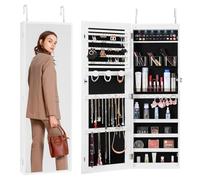 VEVOR Armario para Joyas de 108 cm de Alto con Cerradura y Espejo de Cuerpo Entero, Armario de Joyas con Espejo para Montaje en Pared o Puerta con Luces LED Interiores y Forro de Terciopelo, Blanco