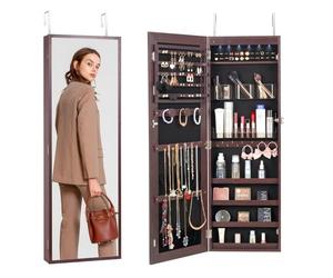 VEVOR Armario para Joyas de 108 cm de Alto con Cerradura y Espejo de Cuerpo Entero, Armario de Joyas con Espejo para Montaje en Pared o Puerta con Luces LED Interiores y Forro de Terciopelo, Marrón