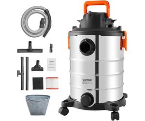 VEVOR Aspiradora de Taller para Seco y Húmedo, 30 L, 6 HP Pico, de Acero Inoxidable, con Succión y Soplador Eficientes, Boquilla, Ruedas, para Alfombras, Escombros, Plata y Negro, 340 x 340 x 565 mm