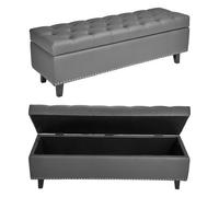 VEVOR Banco de Cuero con Botones, Banco Tapizado de Cuero Sintético 415 x 1305 x 440 mm con Almacenaje y Patas de Madera Maciza, Cojín de Espuma, para Sala de Estar, Comedor y Pasillo, Gris