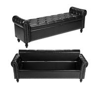 VEVOR Banco de Cuero con Botones, Banco Tapizado de Cuero Sintético 460 x 1660 x 560 mm con Almacenaje, Brazos Enrollados y Patas de Madera Maciza, Cojín de Espuma, para Sala de Estar, Negro