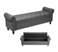 VEVOR Banco de Cuero con Botones, Banco Tapizado de Cuero Sintético 460 x 1660 x 560 mm con Almacenaje, Brazos Enrollados y Patas de Madera Maciza, Cojín de Espuma, para Sala de Estar, Gris
