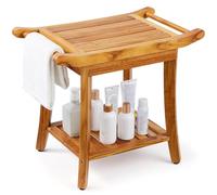 VEVOR Banco de Ducha de Teca de Madera Resistente al Agua con Estante de Almacenamiento, Asa y Patas Antideslizantes, Carga Máxima de 136,1 kg, para Uso en Interiores y Exteriores 560 x 365 x 470 mm