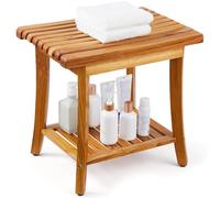 VEVOR Banco de Ducha de Teca Madera Impermeable con Estante de Almacenamiento, Almohadillas Antideslizantes para los Pies, Carga Máxima 180 kg, para Uso en Interiores y Exteriores 500 x 363 x 455 mm