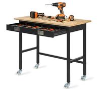 VEVOR Banco de Trabajo 122 x 60 x 94 cm, Mesa de Taller Capacidad de 680 kg, con Cajón de 3 Compartimentos, Mesa de Madera Marco de Metal Negro con Ruedas para Oficina, Garaje, Taller, Hogar