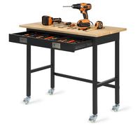 VEVOR Banco de Trabajo 122 x 60 x 94 cm, Mesa de Taller Capacidad de 680 kg, con Cajón de 3 Compartimentos, Mesa de Madera Marco de Metal Negro con Ruedas para Oficina, Garaje, Taller, Hogar