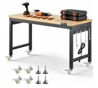 VEVOR Banco de Trabajo Ajustable 1220x610x711-1003 mm de Almacenamiento, Toma de Corriente, Ruedas, Tablero Perforado y Tablero de Madera de Roble Carga de 907,2 kg para Garaje, Taller, Carpintería