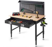 VEVOR Banco de Trabajo Altura Ajustable 71,1-100,3 cm Mesa de Trabajo de Garaje Taller de Madera Dura Carga de 907 kg Tablón de Roble y Acero al Carbono, Banco de Trabajo con Tomas de Corriente