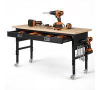 VEVOR Banco de Trabajo con Cajón 152,4 x 61 cm, Mesa de Taller Altura Ajustable de 6 Niveles de 76-101 cm, Carga de 680 kg, Mesa de Madera Marco de Metal con Ruedas para Oficina, Garaje, Taller