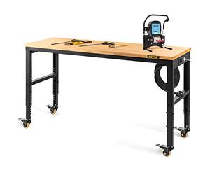VEVOR Banco de Trabajo de Altura Ajustable 79-104 cm Banco para Taller Escritorio de Tablón de Roble 122x51 cm Marco de Acero Mesa de Trabajo con Ruedas Carga de 720 kg para Garajes Talleres Oficinas