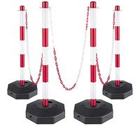 VEVOR Barrera de Aparcamiento 4 piezas Altura 84 cm Plástico PE Poste de Tráfico Base 28 x 28 cm Cadena 10 m Blanco y Rojo Bolardo de Aparcamiento Llenar con Agua o Arena en Base para más Estabilidad