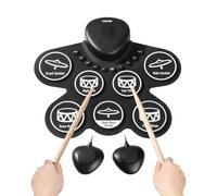 VEVOR Batería Eléctrica de 7 Pads Almohadilla de Práctica de Batería Enrollable con Conector para Auriculares, Pedales Dobles, Baquetas, Altavoces Duales Integrados para Niños Mayores de 3 Años, Negro