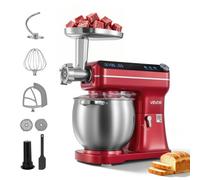 VEVOR Batidora Amasadora 1000 W, Bol 7 L de Acero Inoxidable, con Picadora de Carne, 10 Velocidades, Protector Antisalpicaduras, Cabezal Inclinable, Bol Acero Inoxidable, Gancho para Amasar, Rojo