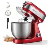 VEVOR Batidora Amasadora de Repostería 1000 W, 10 Velocidades, con Bol de 5 L de Acero Inoxidable, Protector Antisalpicaduras, Cabezal Inclinable, con Gancho para Amasar, para Hornear, Mezclar, Batir
