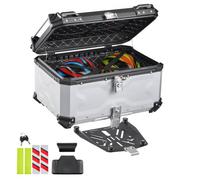 VEVOR Baúl para Moto 65 L de Aluminio, Maleta Trasera para Motocicleta Universal, Carcasa Duradera, Impermeable, Desmontable, con Cerradura de Seguridad y Forro de Cuero para Guardar Cascos, Plata