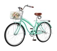 VEVOR Bicicleta Cruiser 26 Pulgadas 1 Velocidad Cuadro de Acero Verde Claro | Para Pasear por Playa, Ir al Trabajo, Asiento Ajustable, Capacidad de 150 kg, con Cesta, Portaequipajes Trasero, para Adultos