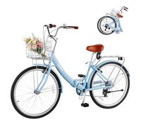 VEVOR Bicicleta Cruiser Plegable 26 Pulgadas, 7 Velocidades, Azul Claro | Para Pasear por Playa, Ir de Compras, Cuadro de Acero al Carbono, Carga 150 kg, con Cesta Delantera y Portaequipajes Trasero