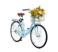 VEVOR Bicicleta de Ciudad 24 pulgadas Bicicleta con Canasta y Portaequipaje Trasero Bicicleta de Paseo 7 Velocidades con Asiento Ajustable para Andar en Bicicleta, Hacer Ejercicio, Comprar, Azul