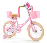 VEVOR Bicicleta Infantil 112 x 52 x 79 cm Estilo Princesa con Serpentinas y Cesta, Asiento para Muñecas y Ruedines, Altura Recomendada del Ciclista de 100-130 cm para Niños de 4 a 8 Años, Rosa