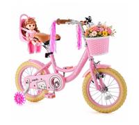 VEVOR Bicicleta Infantil 14 Pulgadas Princesa Niñas 3-5 Años con Ruedines | para Paseos, con Asiento Ajustable, Freno Delantero y Contrapedal, Cesta Delantera, Asiento para Muñeca y Acero al Carbono
