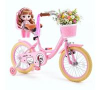 VEVOR Bicicleta Infantil 16 Pulgadas Princesa Niñas 4-7 Años con Ruedines para Paseos, con Asiento Ajustable, Freno Delantero y Tambor Trasero, Cesta Delantera, Asiento para Muñeca y Acero al Carbono