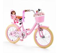 VEVOR Bicicleta Infantil 18 Pulgadas Rosa Niñas 5-8 Años Estilo Princesa | para Paseos, con Asiento Ajustable, Freno Delantero y Tambor Trasero, Cesta Delantera, Asiento para Muñeca y Cuadro de Acero