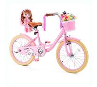 VEVOR Bicicleta Infantil 20 Pulgadas Princesa Rosa Niños 7-13 Años Acero | para Paseos, con Asiento Ajustable, Freno Delantero y Tambor Trasero, Cesta Delantera y Asiento para Muñeca, Cuadro de Acero
