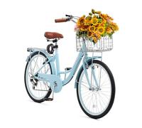 VEVOR Bicicleta de Ciudad 24 pulgadas Bicicleta con Canasta y Portaequipaje Trasero Bicicleta de Paseo 7 Velocidades con Asiento Ajustable para Andar en Bicicleta, Hacer Ejercicio, Comprar, Azul