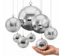 VEVOR Bola de Discoteca 8 PCS 100/150/200/300 mm Bola de Espejos Plateada | Decoración para Fiestas Bodas Cumpleaños Festival de Música, Gancho para Colgar, Gran Efecto de Reflexión, Kit de Accesorios