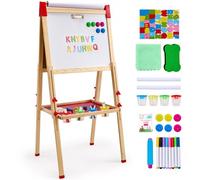 VEVOR 3 en 1 Caballete de Arte Caballete de Madera de Doble Cara para Niños con Pizarra Magnética, Pizarra y Rollo de Papel, Tablero de Dibujo Ajustable con Accesorios de Pintura para Niños