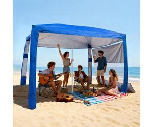 VEVOR Cabaña de Playa 2,4 x 2,4 m, con Pared Lateral, Protección Solar UPF 50+, con Sacos de Arena, Toldo Ajustable en Altura y Portátil para Disfrutar en Familia o con Amigos, Azul Marino Liso