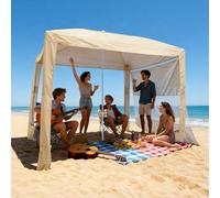 VEVOR Cabaña de Playa 2,4 x 2,4 m, con Pared Lateral, Protección Solar UPF 50+, Pabellón de Playa con Sacos de Arena, Sombrilla Portátil y Ajustable en Altura para Familiares y Amigos, Caqui
