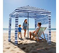 VEVOR Cabaña de Playa con Panel Lateral, Protección Solar UPF 50+, Sacos de Arena, Sombrilla Portátil para Disfrutar en Familia y con Amigos, Rayas Azul Marino y Blanco, 1830 x 1830 x 2290 mm