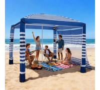 VEVOR Cabaña de Playa con Pared Lateral, Protección Solar UPF 50+, con Sacos de Arena, Toldo Portátil y Ajustable en Altura para Familias, Rayas Azul Marino, 2400 x 2400 x 2400 mm, 4-5 Personas