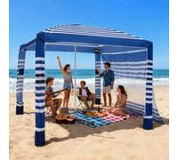 VEVOR Cabaña de Playa con Pared Lateral, Protección Solar UPF 50+, con Sacos de Arena, Toldo Portátil y Ajustable en Altura para Familias, Rayas Azul Marino, 2400 x 2400 x 2400 mm, 4-5 Personas