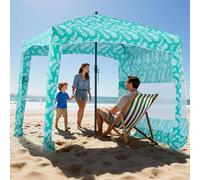 VEVOR Cabaña de Playa con Toldo Lateral, Ligero y Portátil, Protección Solar UPF 50+, Sacos de Arena y Sombrilla Portátil para Toda la Familia y Amigos, Rayas Verde Claro, 1830 x 1830 x 2290 mm