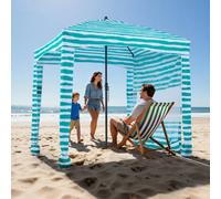 VEVOR Cabaña de Playa con Toldo Lateral, Protección Solar UPF 50+, con Sacos de Arena, Sombrilla Portátil para Toda la Familia, Resistente al Viento, Rayas Verdes y Blancas, 1830 x 1830 x 2290 mm