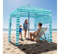 VEVOR Cabaña de Playa con Toldo Lateral, Protección Solar UPF 50+, con Sacos de Arena, Sombrilla Portátil para Toda la Familia, Resistente al Viento, Rayas Verdes y Blancas, 1830 x 1830 x 2290 mm