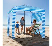 VEVOR Cabaña de Playa con Toldo Lateral, Protección Solar UPF 50+, Incluye Sacos de Arena, Sombrilla Portátil para Disfrutar en Familia o con Amigos, Rayas Azules y Blancas, 1830 x 1830 x 2290 mm